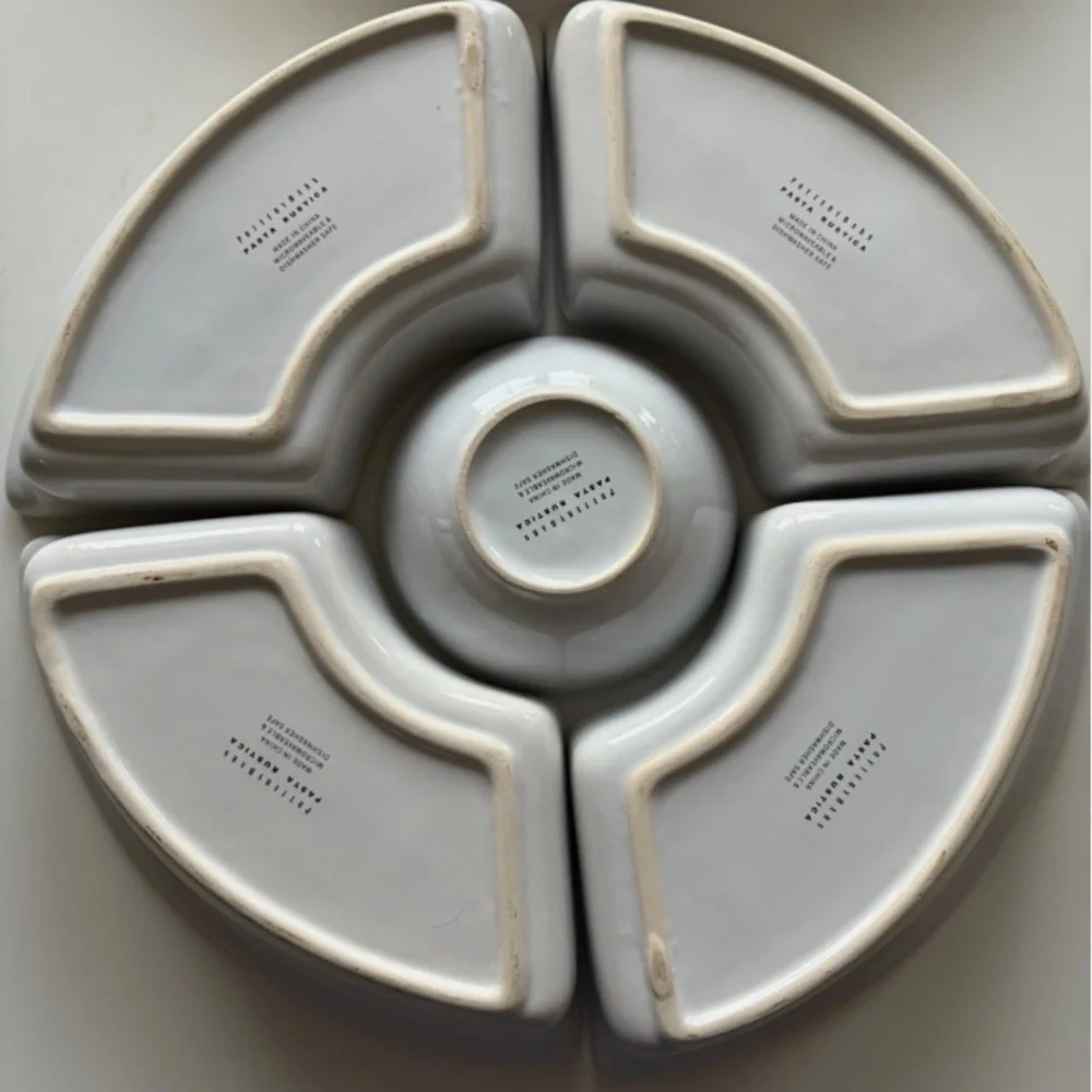 Pottery Barn Lazy Susan 5 Ceramic Condiment Wedge Bowls Rotating Wood Base 12”